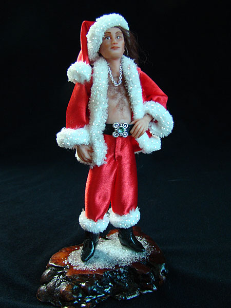 1:12 scale disco Santa, hand sculpted and dressed for Christmas by CDHM Artisan Deborah Mackie of Whitehorse Studio