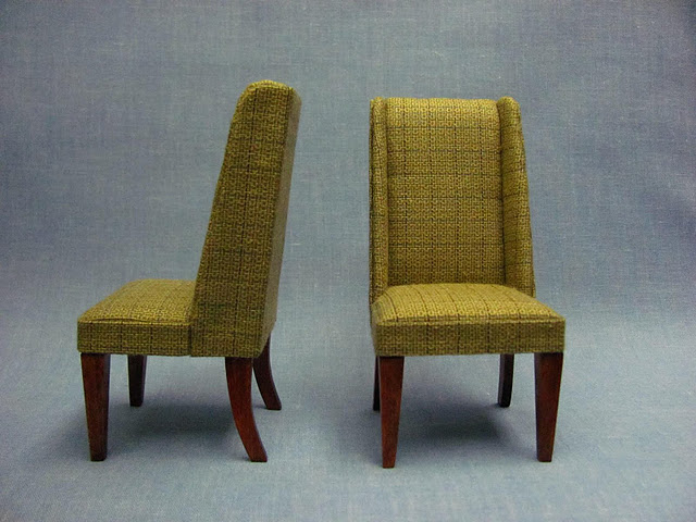 CDHM Artisan Kris Compas of 1 Inch Minis created this commission work of The Casselman Dining Chairs in dollhouse miniature 1/12 scale using fabric that looks like real upholstery fabrics