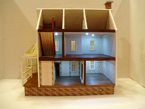 Interior OOAK pink 144 scale dollhouse with lights by CDHM Artisan Lauretta Carroll of Midnight Magic Miniatures