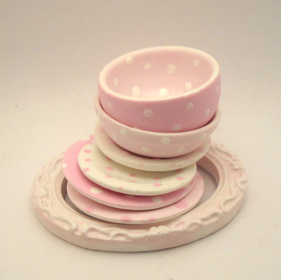 Pretty pink dishes for the dollhouse kitchen from cold porcelain by CDHM Artisan Loredana Tonetti