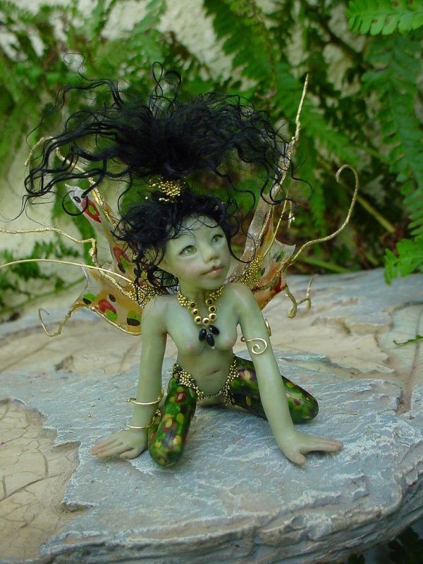 CDHM Gallery of Judy Raley of Once We Were Faeries making one of a kind hand sculpted fairies, collectible art dolls, mermaids, pixies and frogs, dressed and wigged dolls