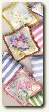 CDHM artisan Kay Burton hand painted dollhouse miniature pillows