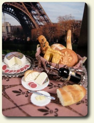 CDHM artisan Monica Cado Shellabarger creating under the business name of Bon Sucre Miniatures creates dollhouse miniature foods in 1:12 scale, with focus on french cuisine