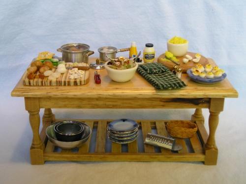 CDHM Artisan Debbe Lawson Mize, IGMA Artisan 1:12 picnic tables loaded with foods, canned vegetables, platted meals, grills for the dollhouse miniature collector