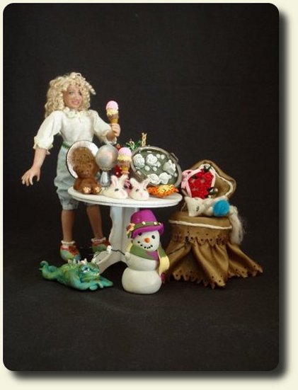 CDHM artisan Cheri Voellmann of Polkadot Toadstool, miniature sculpted art dolls