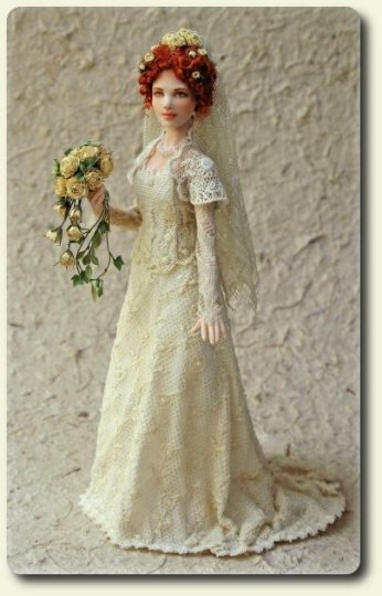 CDHM artisan Elisa Fenoglio, 1800's bride  porcelain doll in miniature