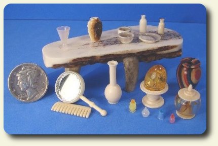 CDHM artisan and IGMA Fellow Bill Helmer, miniature hand turned dollhouse miniature vases, bowls, cake stands, combs and mirrors in 1/12 scale