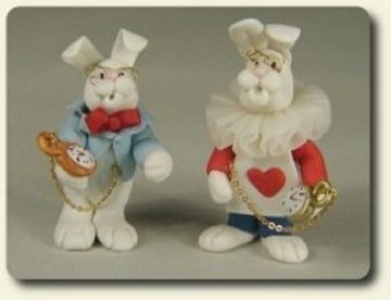 CDHM category feature, CDHM Artisan Ann Fisher presents hand sculpted alice in wonderland march rabbits for the dollhouse in 1/12 scale