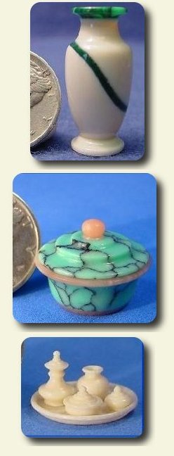 CDHM artisan and IGMA Fellow Bill Helmer, miniature hand turned dollhouse miniature vases, bowls, cake stands, combs and mirrors in 1/12 scale