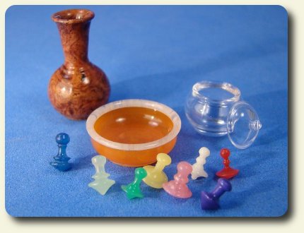 CDHM artisan and IGMA Fellow Bill Helmer, miniature hand turned dollhouse miniature vases, bowls, cake stands, combs and mirrors in 1/12 scale